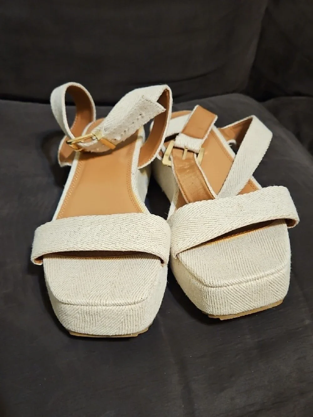 ASOS Cream Textured Platform Sandals with Gold Buckle